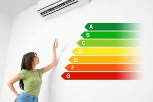 woman turning on ductless AC with image of energy efficiency rating