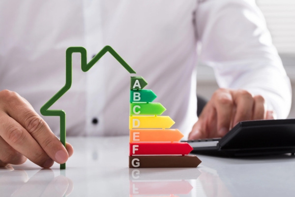 man using a calculator with a house outline and energy efficiency meter depicting SEER rating