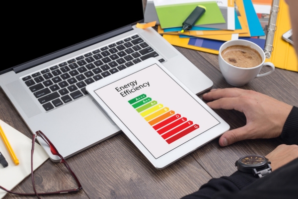 energy efficiency meter on tablet depicting ductless system efficiency