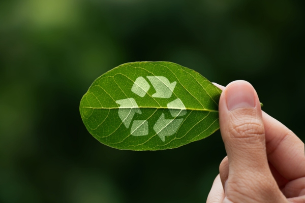 Hand of human is holding painted green leaf with recycle icon depicting propane as environment friendly gas